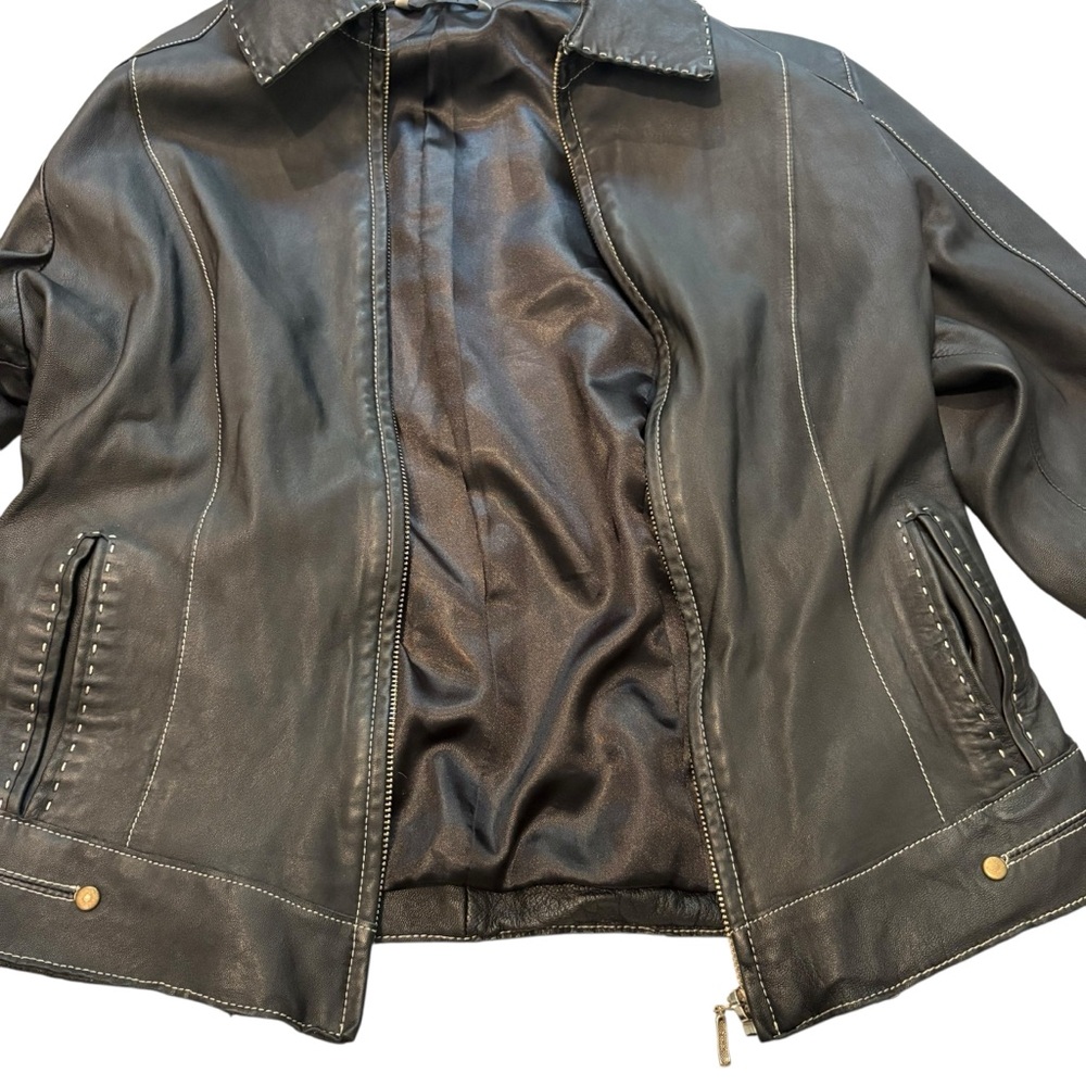 CABI Black Leather Jacket With Contrast Top Stitching (runs very small) - Picture 12 of 15